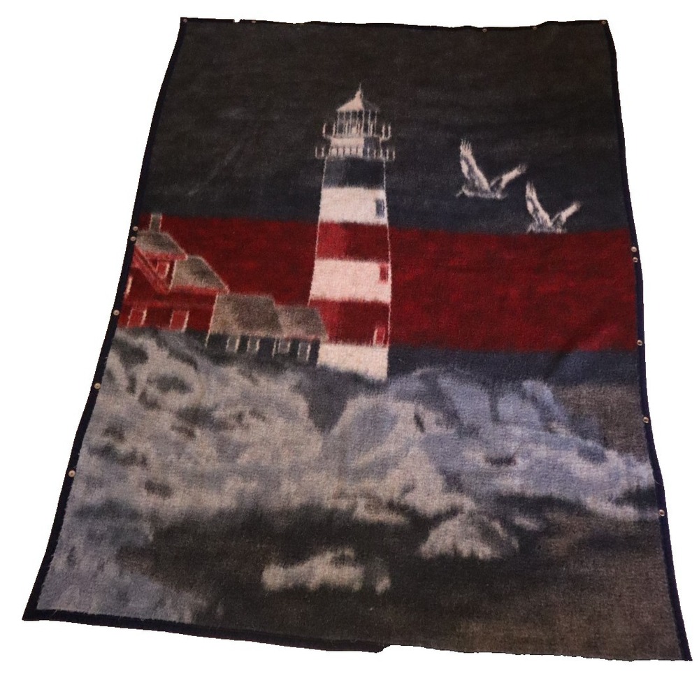 Vintage Biederlack Blanket Lighthouse Sea‎ Nautical Side Snap Button USA 73x53"